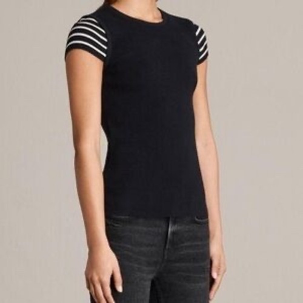 AllSaints Black Ribbed Knit Striped Cap Sleeve Top US 6 UK 10 New